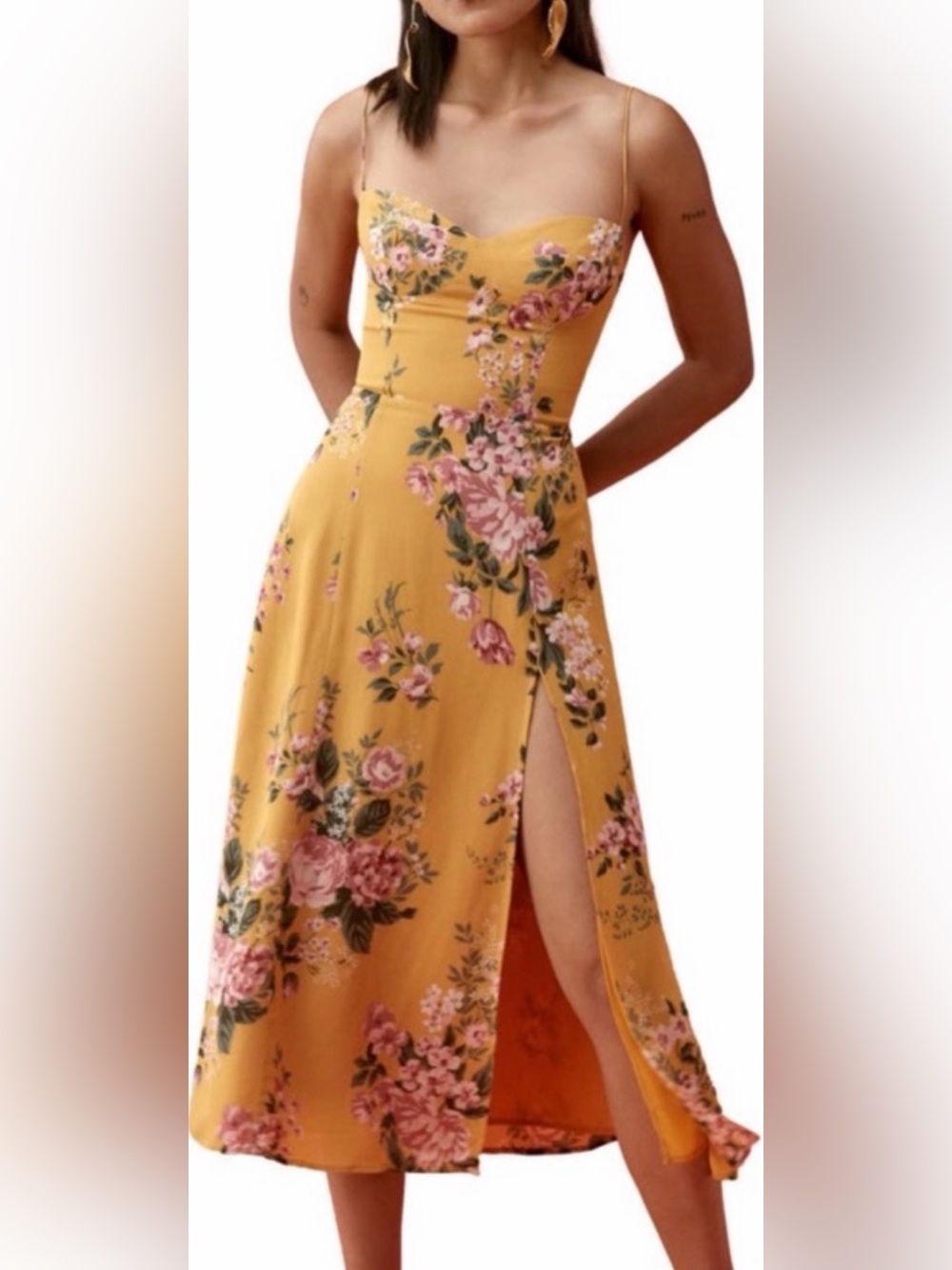 Reformation Juliette Floral Mustard Spaghetti-Strap Maxi Dress 8 EUC